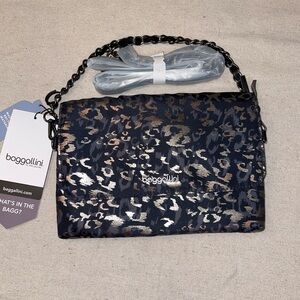 Elegant Baggallini Black, Silver & Gold Leopard Print Satchel/Crossbody Bag